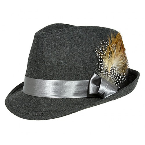 Fedora Hat - Wool-felt w/ Satin Ribbon Bow & Feather - Dark Gray